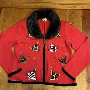 Jack‎ B Quick Womens Christmas Sweater Trees Large Faux Fur Winter Vintage